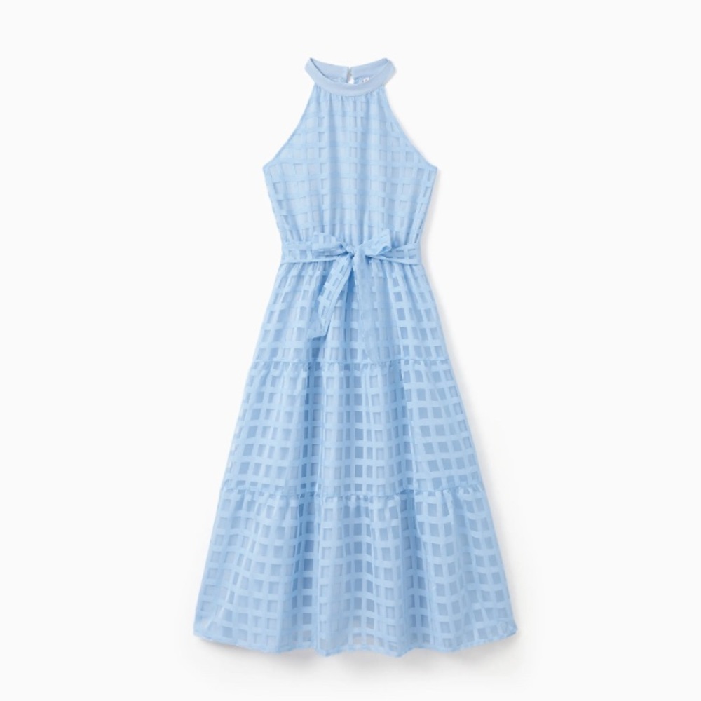 Tiered Checkered Organza Mesh Halter Dress